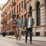 An Indian couple walking along a street in New York City during golden hour.
