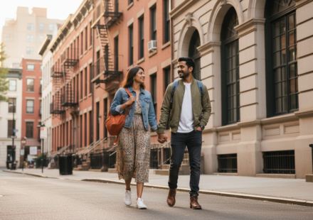 An Indian couple walking along a street in New York City during golden hour.