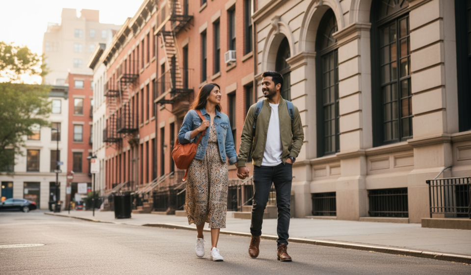An Indian couple walking along a street in New York City during golden hour.