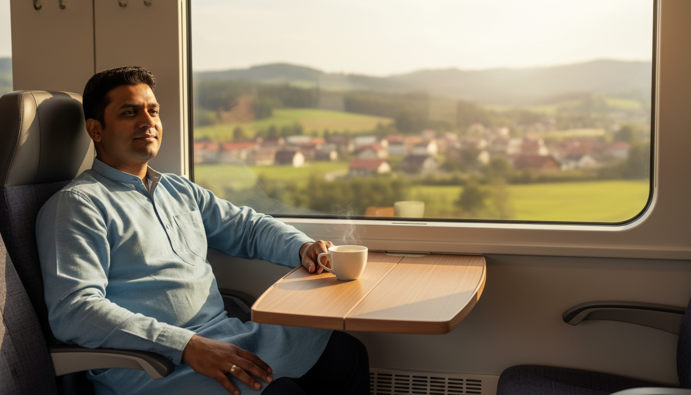 A passenger looking out the window of a modern passenger train during a trip.