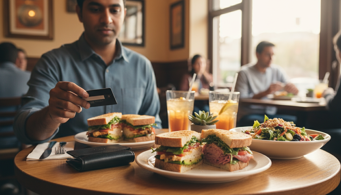 A dining table with food, drinks, and a leather check presenter in a restaurant.