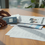 Hands arranging an Indian passport, printed visa forms, and document stacks on a wooden table near morning light.