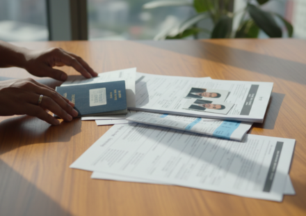 Hands arranging an Indian passport, printed visa forms, and document stacks on a wooden table near morning light.