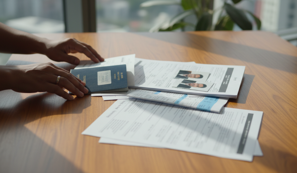 How to Book a VFS Visa Appointment in India: Step-by-Step Guide Hands arranging an Indian passport, printed visa forms, and document stacks on a wooden table near morning light.