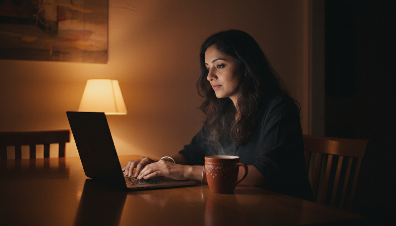 How to Book a VFS Visa Appointment in India: Step-by-Step Guide 2 A woman sitting at a table with an open laptop and a cup of tea during late evening, focused on the screen.