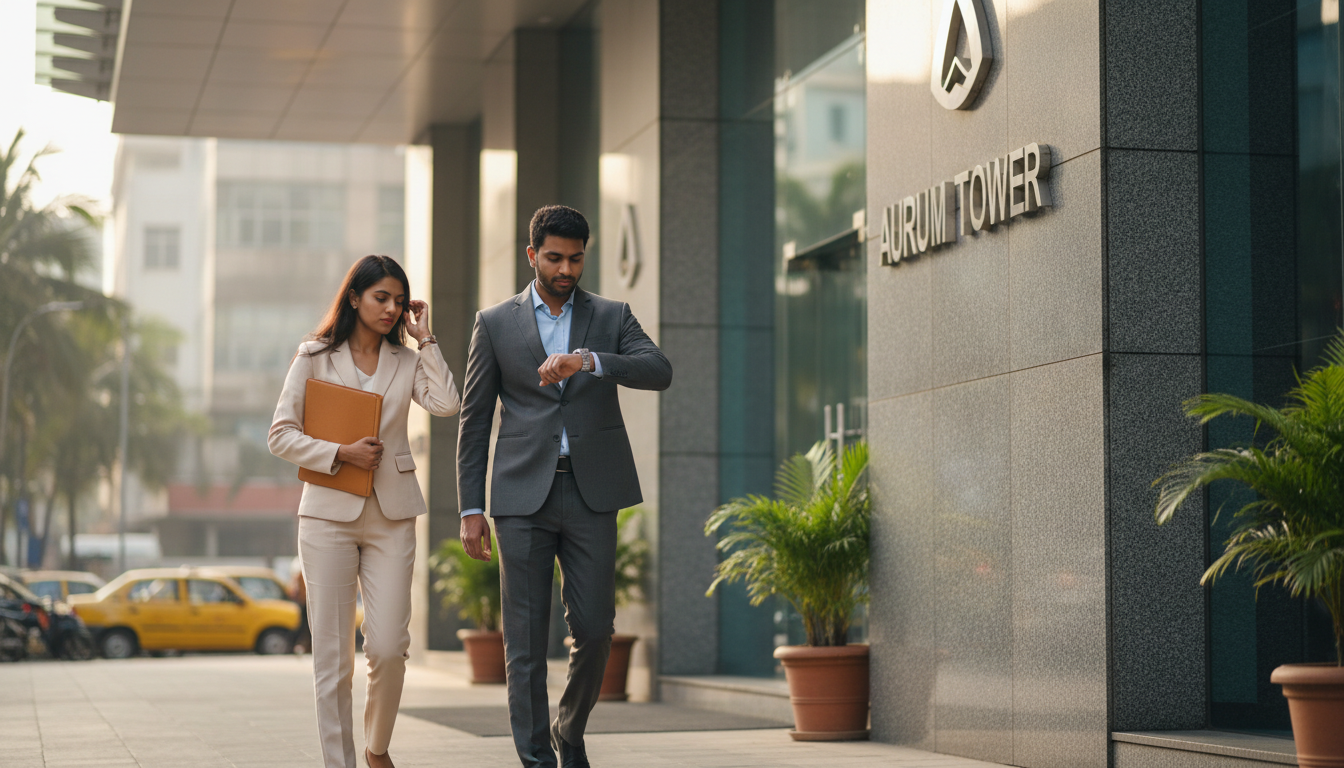 How to Book a VFS Visa Appointment in India: Step-by-Step Guide 1 A young Indian couple walking together outside a contemporary glass office building carrying a document folder.