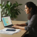 A woman sitting at a desk with an Indian passport, laptop showing a calendar, and neatly organized travel papers.