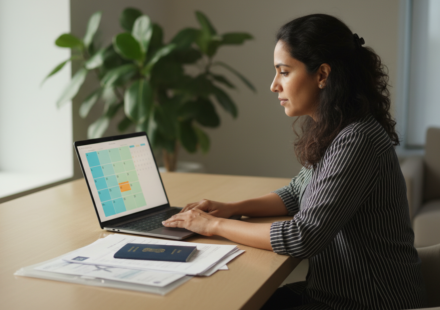 A woman sitting at a desk with an Indian passport, laptop showing a calendar, and neatly organized travel papers.