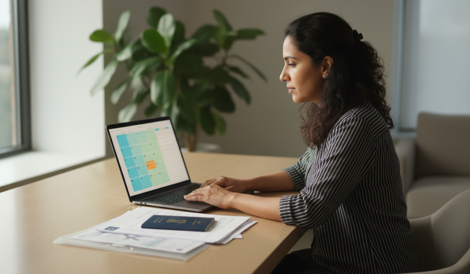 A woman sitting at a desk with an Indian passport, laptop showing a calendar, and neatly organized travel papers.