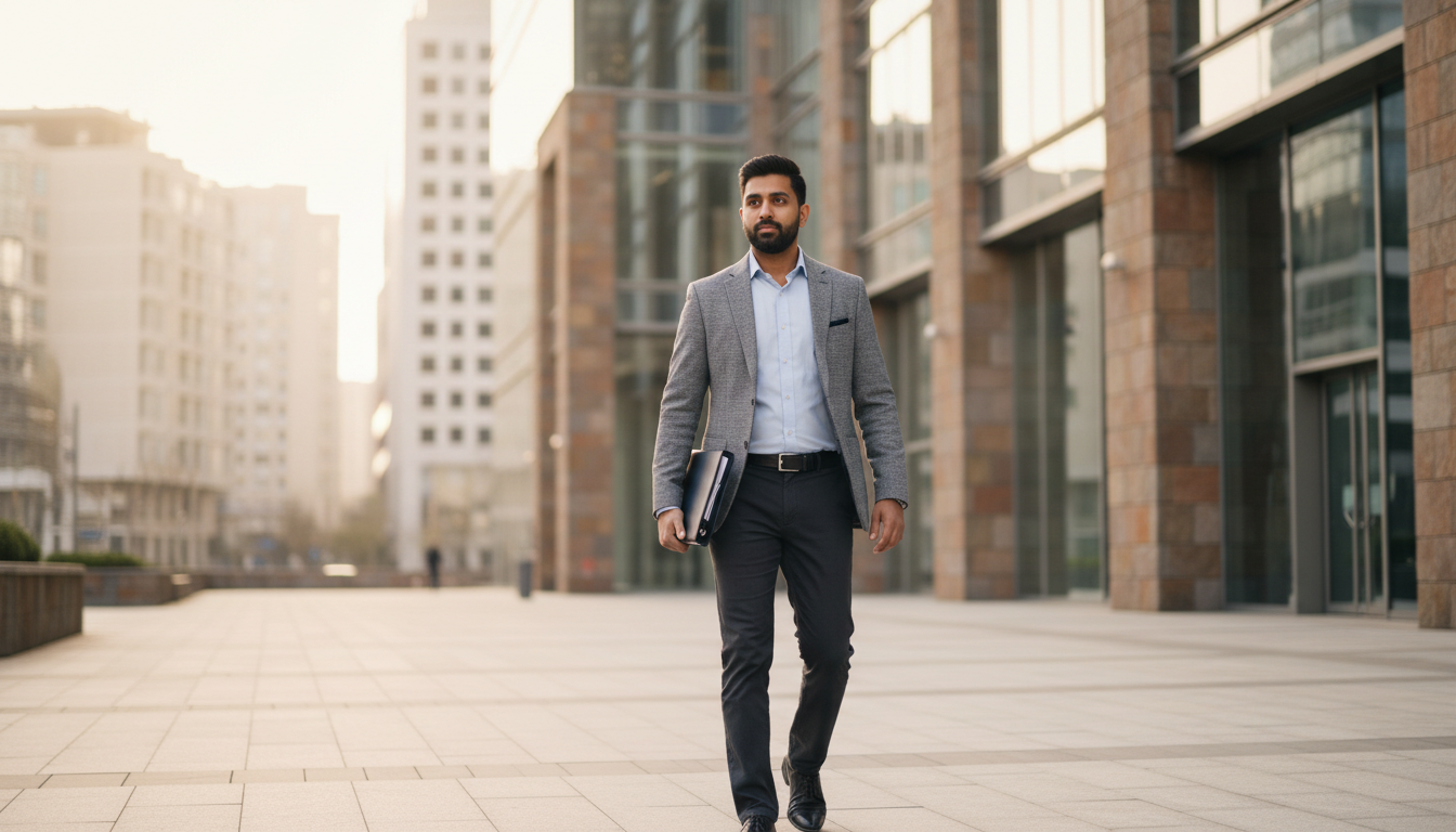 A modern office building entrance with a professionally dressed Indian traveler holding a document folder.