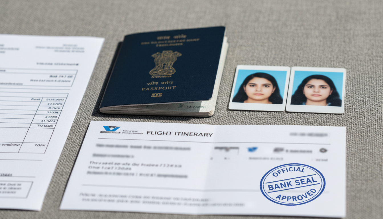 Flat-lay view of an Indian passport, two passport photos, flight itineraries, and stamped financial documents.