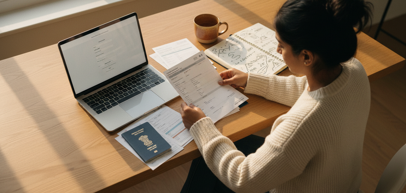 An Indian woman organizing passport and visa travel paperwork at a wooden desk with a laptop.
