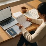 An Indian woman organizing passport and visa travel paperwork at a wooden desk with a laptop.