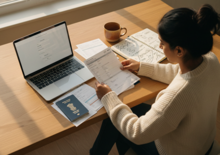 An Indian woman organizing passport and visa travel paperwork at a wooden desk with a laptop.