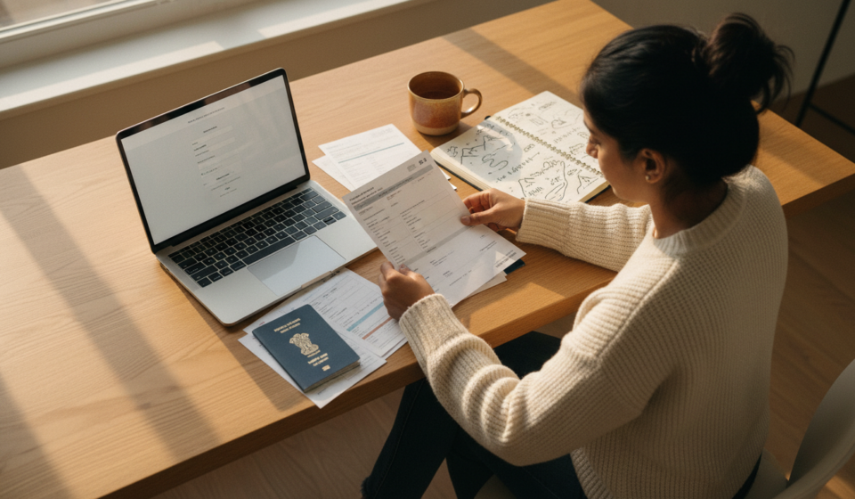 An Indian woman organizing passport and visa travel paperwork at a wooden desk with a laptop.