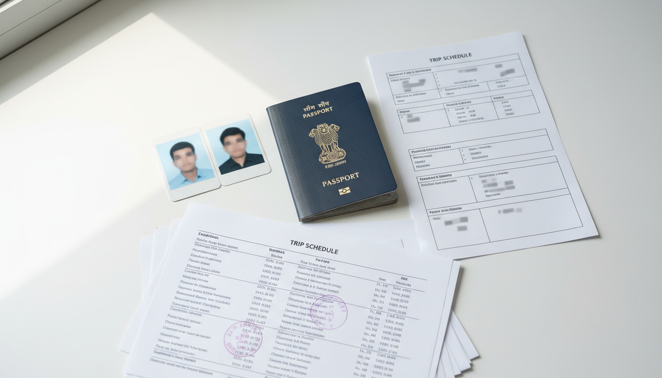 A structured visa application file featuring an Indian passport, official bank papers, and passport photos.