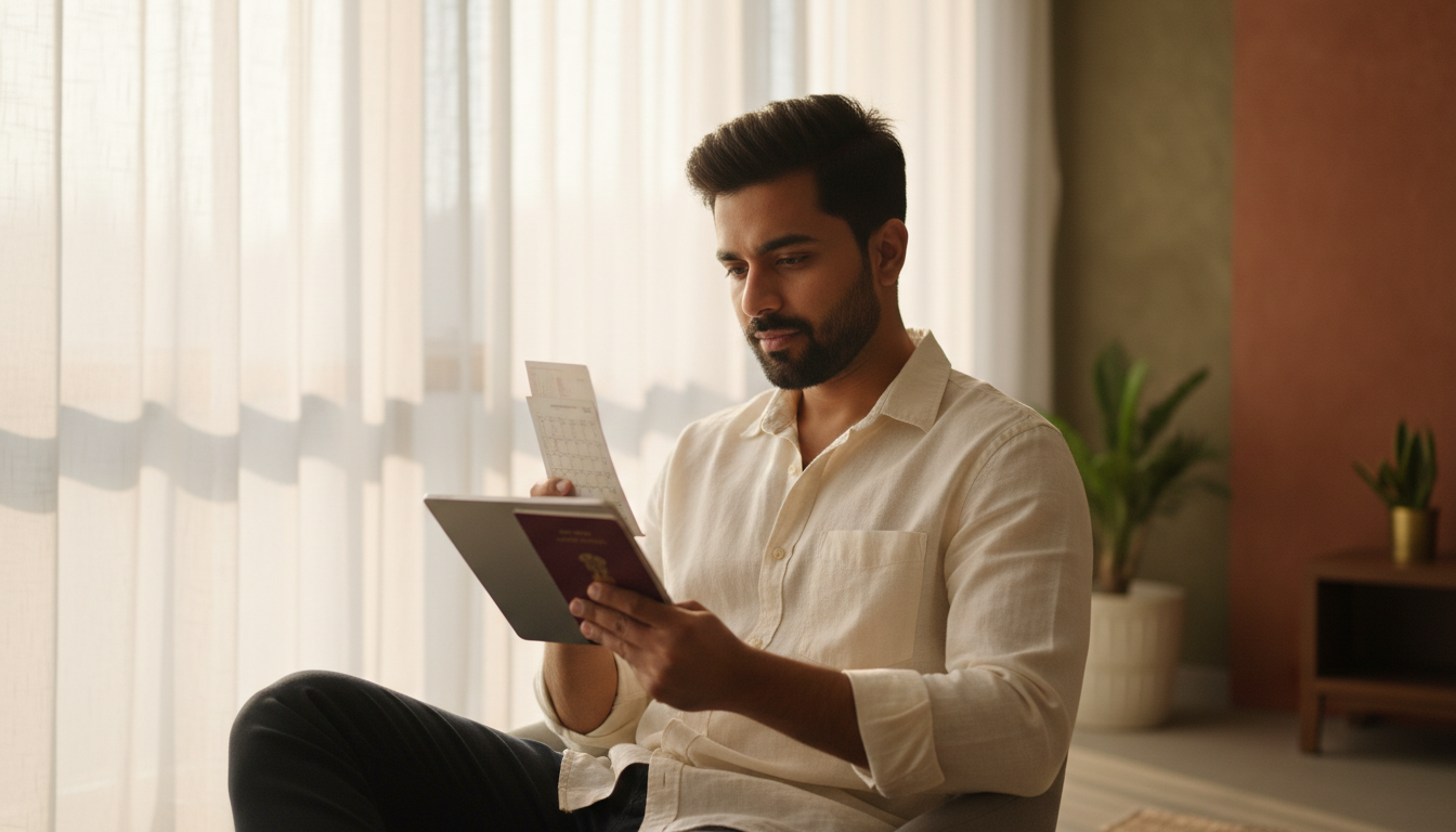 A man checking open appointment calendar dates on a tablet while holding his Indian passport.