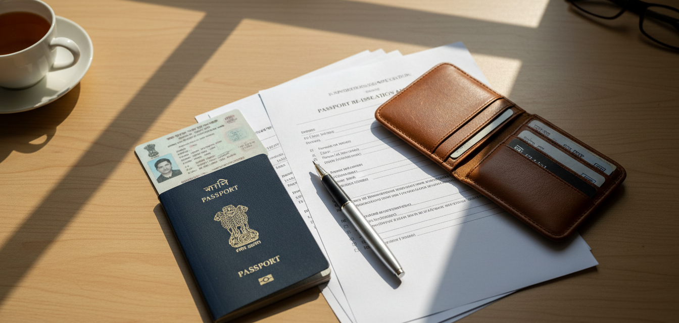 An Indian passport, pen, and printed application documents neatly arranged on a wooden desk in bright daylight.