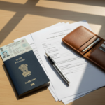 An Indian passport, pen, and printed application documents neatly arranged on a wooden desk in bright daylight.
