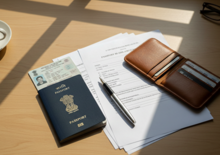 An Indian passport, pen, and printed application documents neatly arranged on a wooden desk in bright daylight.