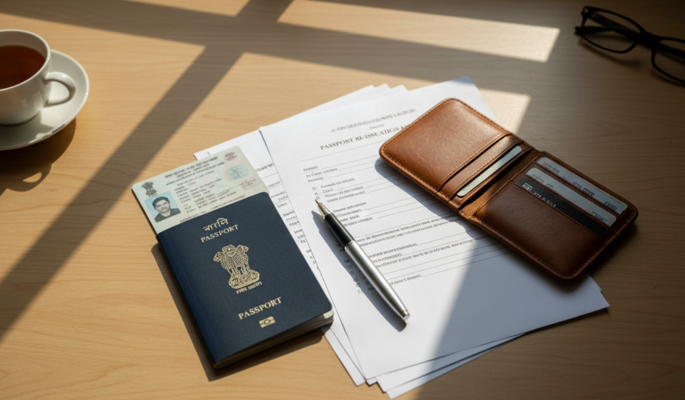 An Indian passport, pen, and printed application documents neatly arranged on a wooden desk in bright daylight.
