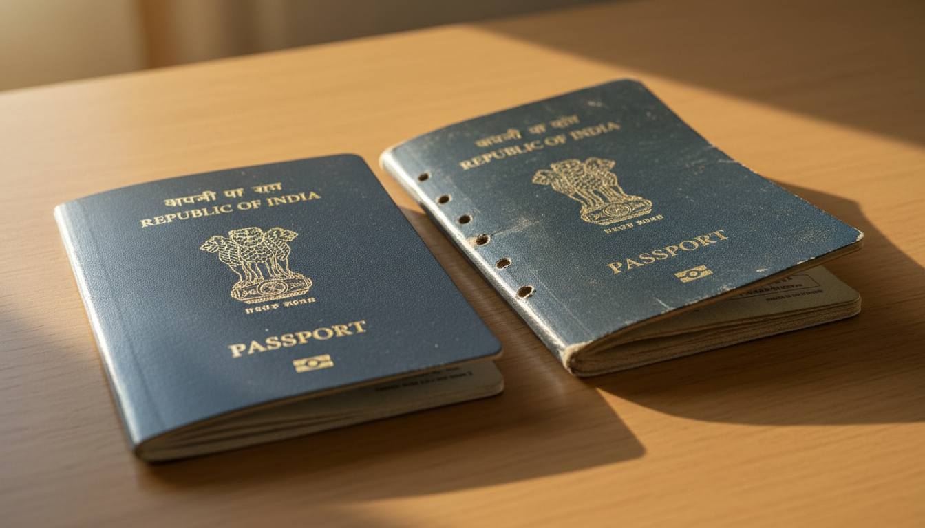 A new blue Indian passport lying next to a cancelled older passport booklet with punched holes.
