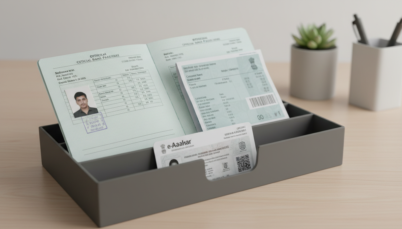 A bank passbook and paper address proof documents arranged neatly inside an open file folder.