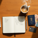 A wooden table flat-lay with a travel budget notebook, passport, credit card, mixed currency, and a cup of chai.