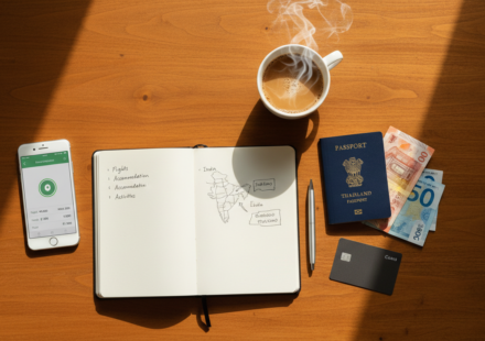 A wooden table flat-lay with a travel budget notebook, passport, credit card, mixed currency, and a cup of chai.