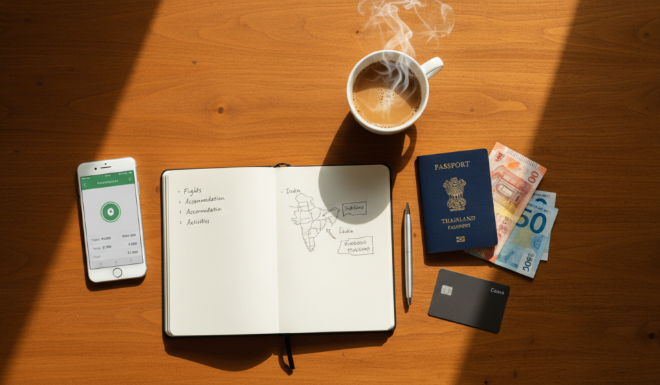 How to Create a Travel Budget: Trip Planner for Indian Travelers A wooden table flat-lay with a travel budget notebook, passport, credit card, mixed currency, and a cup of chai.