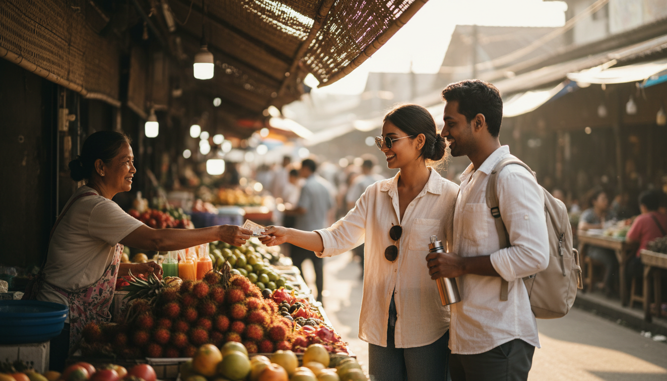How to Create a Travel Budget: Trip Planner for Indian Travelers 1 An Indian couple buying fresh fruit juice with local cash at a vibrant street market in Southeast Asia.
