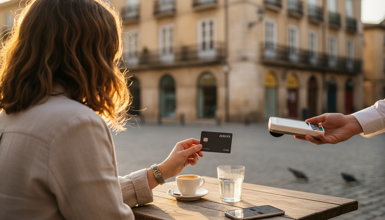 How to Create a Travel Budget: Trip Planner for Indian Travelers 2 A traveler using a zero-forex card on a payment terminal at an outdoor cafe in Europe.