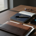 An Indian passport resting on a wooden table beside a pen, smartphone, and leather document holder.