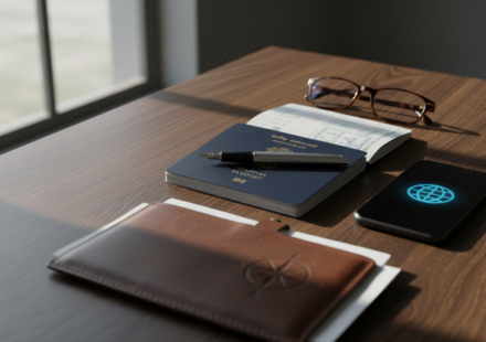 An Indian passport resting on a wooden table beside a pen, smartphone, and leather document holder.
