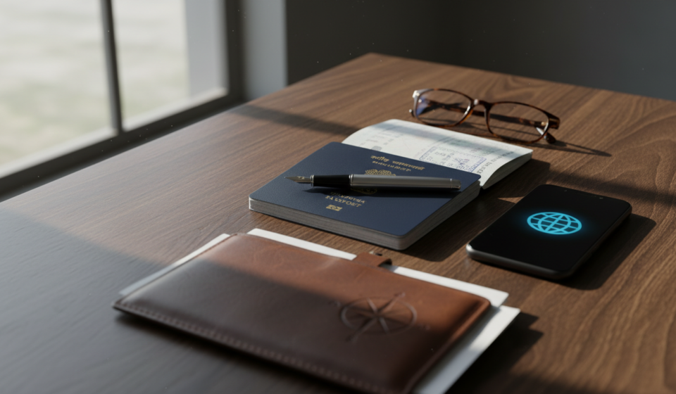An Indian passport resting on a wooden table beside a pen, smartphone, and leather document holder.