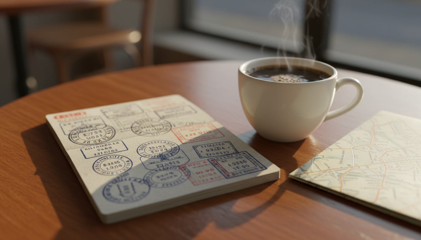 A passport open to pages stamped with international entry visas lying on a cafe table next to a coffee cup.