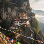 Paro Taktsang monastery perched on a sheer mountain cliff in Bhutan surrounded by green hills and morning mist.