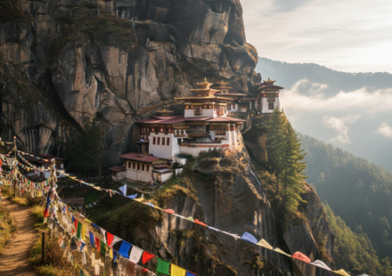 Paro Taktsang monastery perched on a sheer mountain cliff in Bhutan surrounded by green hills and morning mist.