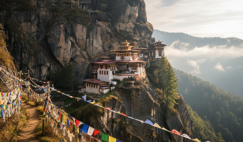 Paro Taktsang monastery perched on a sheer mountain cliff in Bhutan surrounded by green hills and morning mist.