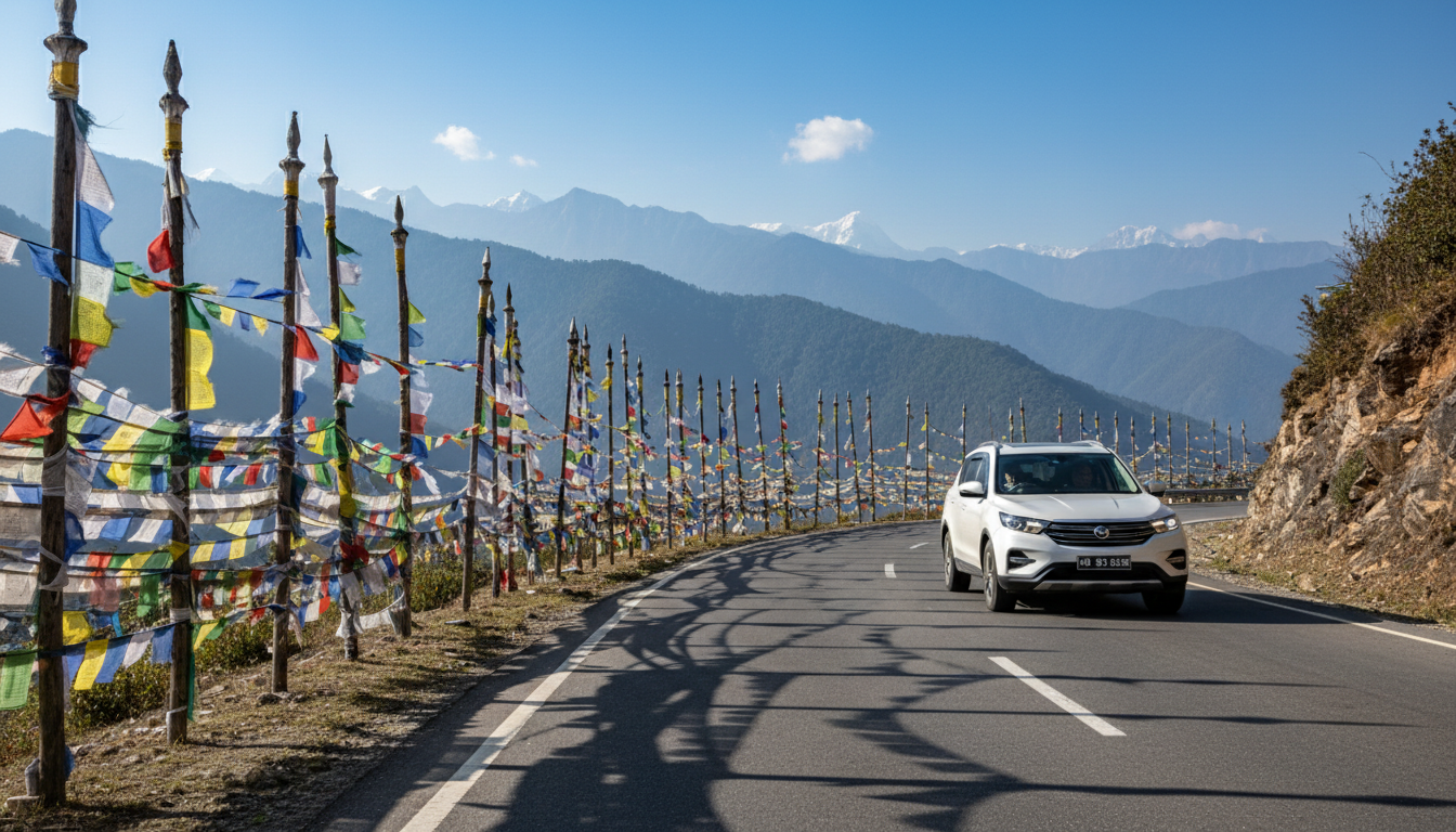 An Indian-registered SUV driving on a winding Bhutan mountain road flanked by colorful prayer flags.