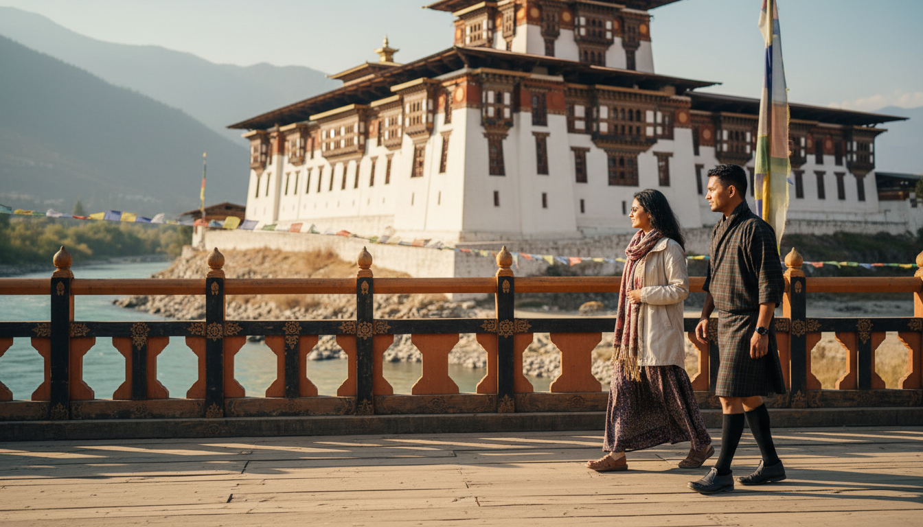 A travel guide and tourists walking across a covered wooden bridge toward Punakha Dzong in Bhutan.