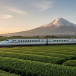 A sleek Shinkansen bullet train speeding past lush green tea fields with Mount Fuji rising in the background.