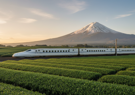 A sleek Shinkansen bullet train speeding past lush green tea fields with Mount Fuji rising in the background.