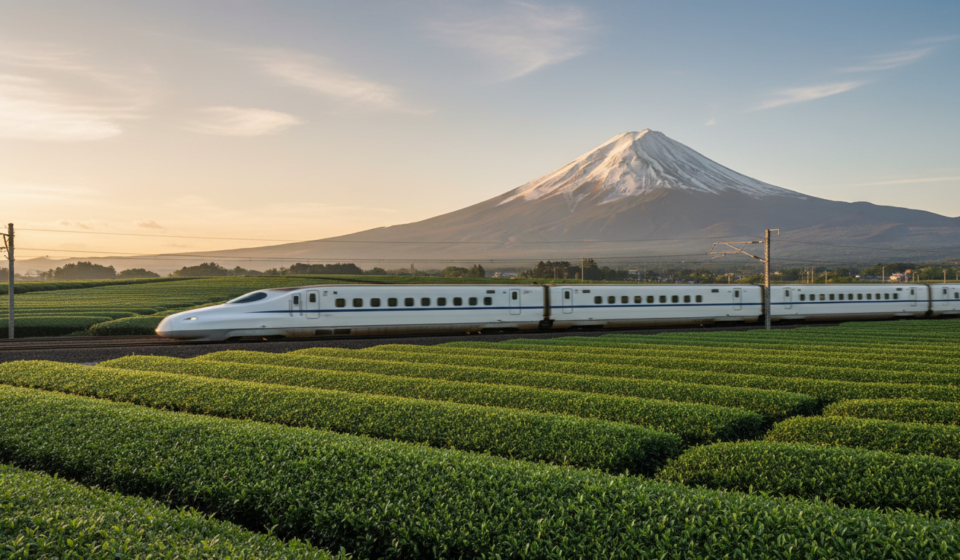 A sleek Shinkansen bullet train speeding past lush green tea fields with Mount Fuji rising in the background.