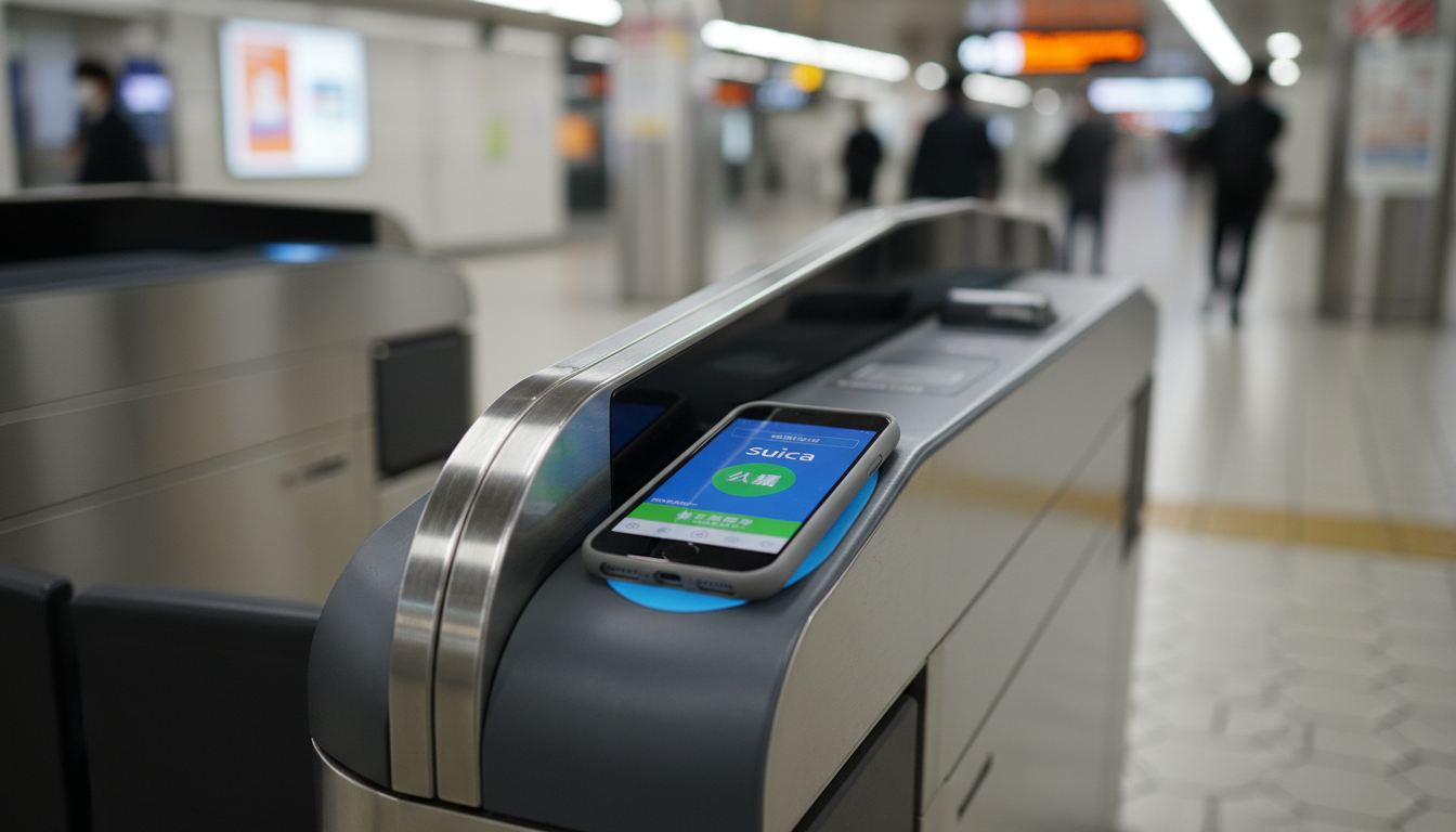 A person tapping a smartphone against a digital ticket scanner at a Japanese metro station gate.