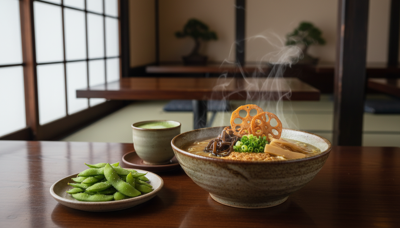 A bowl of Japanese vegetarian ramen with lotus root and green onions served with edamame on a wooden table.