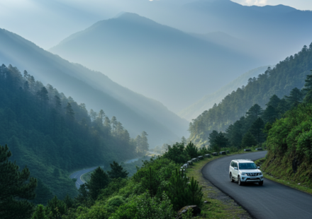 A white SUV drives along a winding mountain road through misty green valleys in North East India.