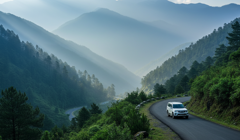 A white SUV drives along a winding mountain road through misty green valleys in North East India.