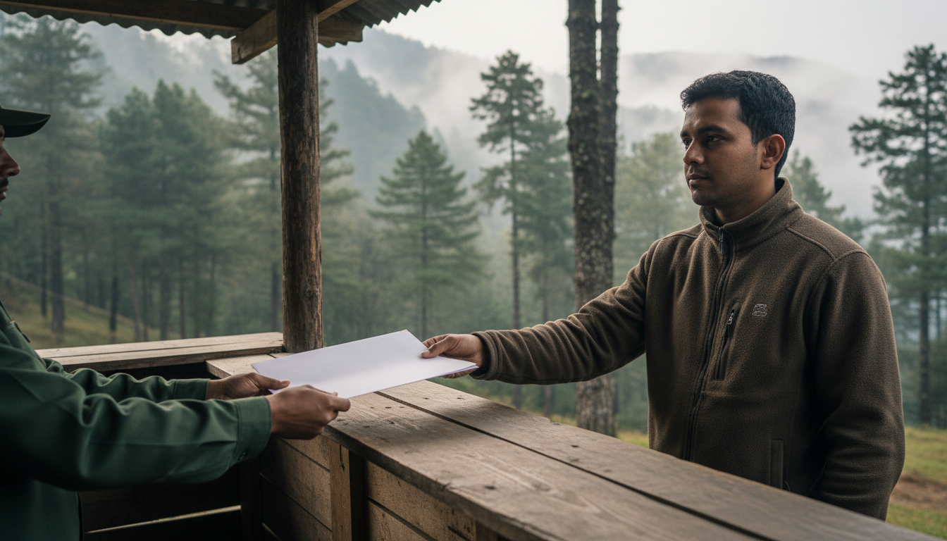 A traveler presents documents to an official at a mountain transit checkpost surrounded by pine trees.