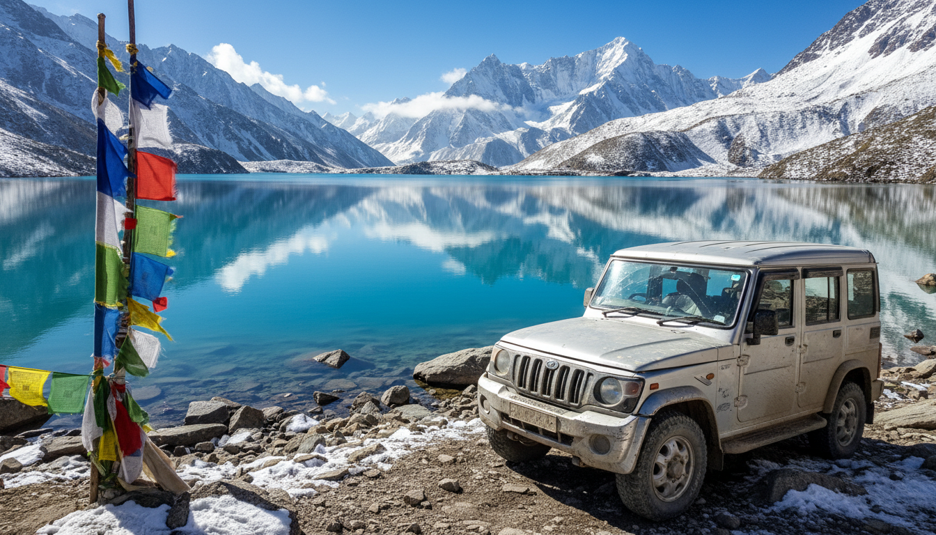 A 4x4 mountain vehicle parked by a high-altitude Himalayan lake with colorful prayer flags in the foreground.